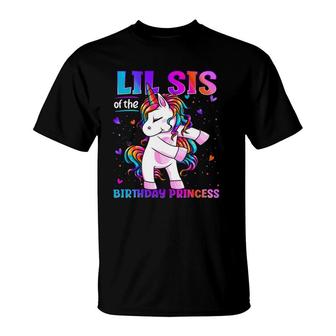 Lil Sis Of The Birthday Princess Flossing Unicorn Lil Sister T-Shirt | Mazezy