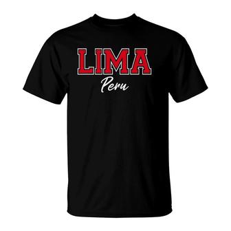 Lima Peru Varsity Style Red Text T-Shirt | Mazezy