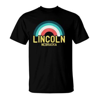 Lincoln Nebraska Vintage Retro Rainbow Raglan Baseball Tee T-Shirt | Mazezy