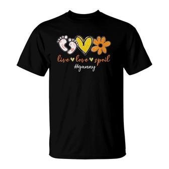Live Love Spoiled Ganny Footprints Heart Flower Mother's Day T-Shirt | Mazezy
