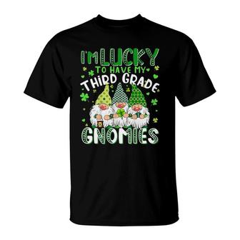 Lucky Third Grade Gnomies St Patrick's Day Teacher T-Shirt | Mazezy