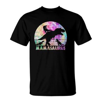 Mamasaurus Tie Dye Sunset Funny Dinosaur Mother Of 3 Kids T-Shirt | Mazezy