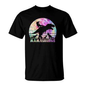 Mamasaurus Tie Dye Sunset Funny Dinosaur Mother Of 4 Kids T-Shirt | Mazezy