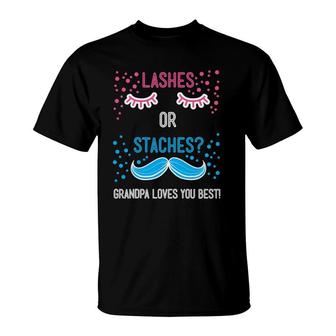 Mens Gender Reveal Staches Or Lashes Grandpa Loves You T-Shirt | Mazezy