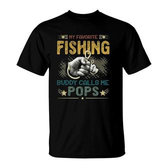 Mens Mens My Favorite Fishing Buddy Calls Me Pops Fathers Day T-Shirt | Mazezy
