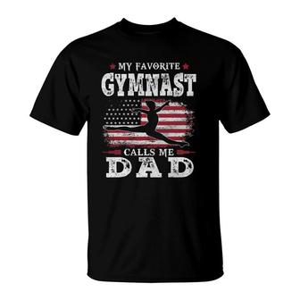 Mens My Favorite Gymnast Calls Me Dad Usa Flag Father's Day T-Shirt | Mazezy