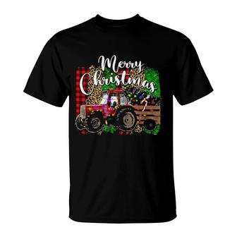 Merry Christmas Farmer Tractor Light Snow Christmas Trees T-Shirt | Mazezy