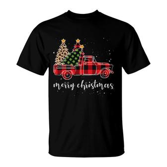 Merry Christmas Leopard Buffalo Truck Tree Red Plaid T-Shirt | Mazezy