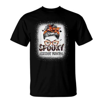 Messy Bun Spooky Assistant Principal Bleached Halloween Bat T-Shirt - Seseable