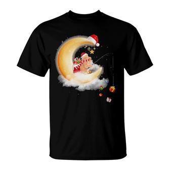 Moon Cat Fishing Gift Happy Christmas, Crescent Moon , Cat Sit On The Crescent Moon T-Shirt | Mazezy UK