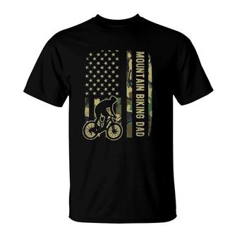 Mountain Biking Dad Camouflage American Flag Fathers Day T-Shirt | Mazezy