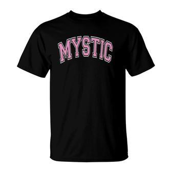 Mystic Connecticut Ct Varsity Style Pink Text T-Shirt | Mazezy AU