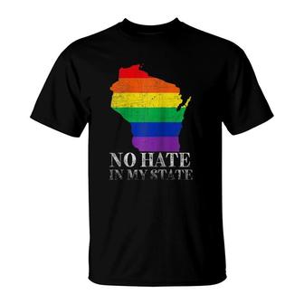 No Hate In My State Wisconsin Map Lgbt Pride Rainbow Gift Raglan Baseball Tee T-Shirt | Mazezy
