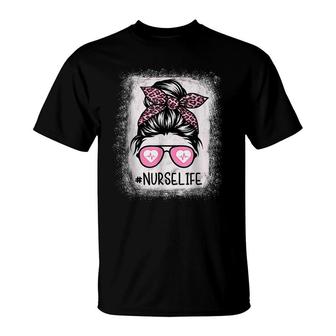 Nurse Life Bleached Pink Leopard Messy Bun Nurse Life V2 T-shirt - Thegiftio UK