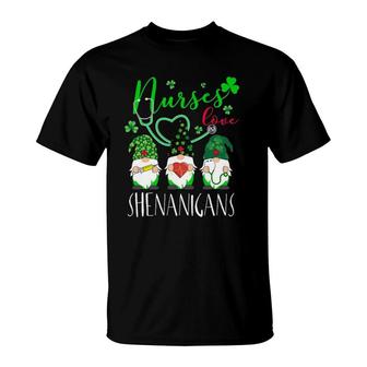 Nurses Love Shenanigans Funny Gnomes Nurse St Patrick's Day T-Shirt | Mazezy