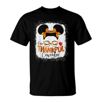 One Thankful Coworker Thanksgiving Messy Bun Black T-Shirt | Mazezy