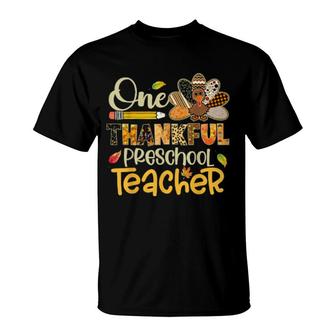 One Thankful Preschool Teacher Turkey Leopard Thanksgiving T-Shirt | Mazezy