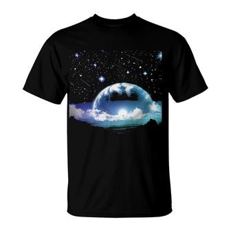 Outer Space Earth Night View From Space Starry With Moon T-Shirt | Mazezy