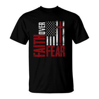 Patriotic Devotee Usa Flag Cross Faith Over Fear Jesus T-Shirt
