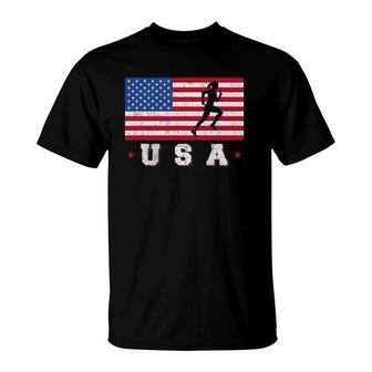 Patriotic Sports Gift American Usa Flag Track And Field T-Shirt | Mazezy