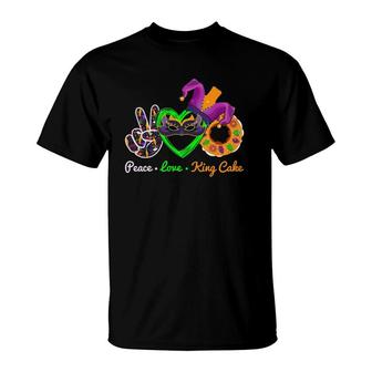 Peace Love King Cake Mardi Gras Carnival Costume Purple T-Shirt | Mazezy