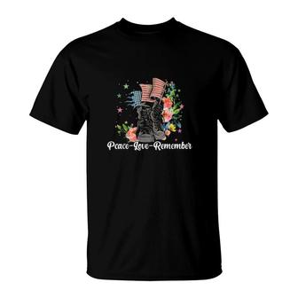 Peace Love Remember Combat Boots Usa Flag Flower Veteran Day T-Shirt | Mazezy
