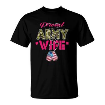 Proud Army Wife Camo Us Flag Dog Tags Pride Military Spouse T-Shirt | Mazezy