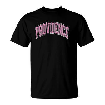 Providence Rhode Island Ri Varsity Style Pink Text T-Shirt | Mazezy
