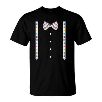 Puzzle Piece Bow Tie Suspenders Autism Awareness Men Boys T-Shirt | Mazezy