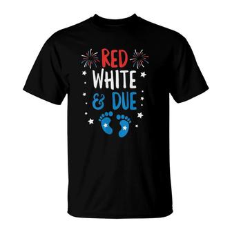 Red White And Due Baby Reveal Pregnancy Announcement T-Shirt | Mazezy