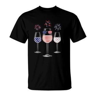 Red White Blue Wine Glasses American Flag Happy 4Th Of July T-Shirt | Mazezy