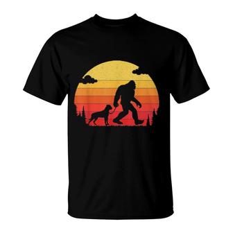 Retro Bigfoot Silhouette Walking Bullmastiff Dog T-Shirt | Mazezy