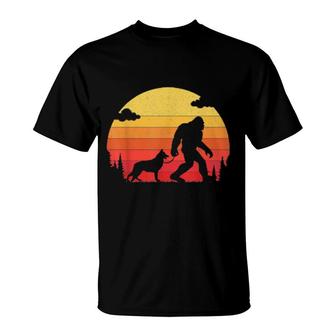 Retro Bigfoot Silhouette Walking German Shepherd Dog T-Shirt | Mazezy