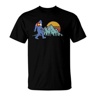 Retro Bigfoot Sun Mountain State Flag Of Colorado Graphic T-Shirt | Mazezy