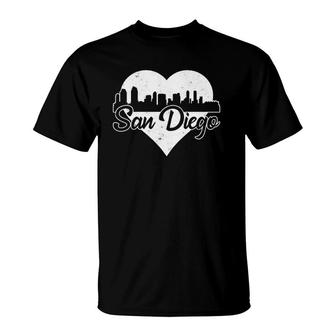 Retro San Diego California Skyline Heart Distressed T-Shirt | Mazezy