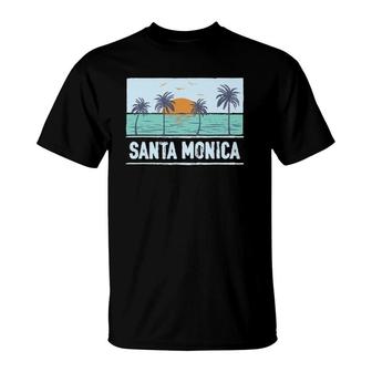 Retro Santa Monica California Tropical Sunset Beach Vacation T-Shirt | Mazezy