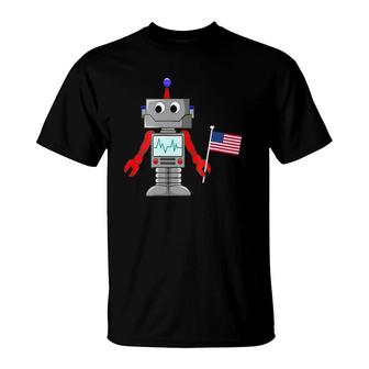 Robot With American Flag Boys 4-12 For 4Th Of July T-Shirt | Mazezy