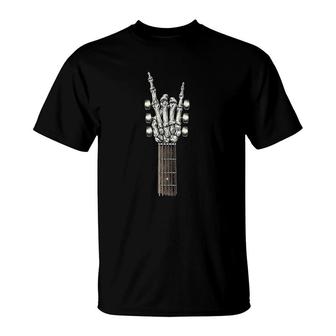 Rock On Guitar Neck With A Sweet Rock & Roll Skeleton Hand T-Shirt | Mazezy