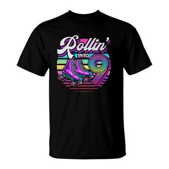 Rollin' Into 9 Roller Skating Rink 9Th Birthday Party Girls T-Shirt | Mazezy
