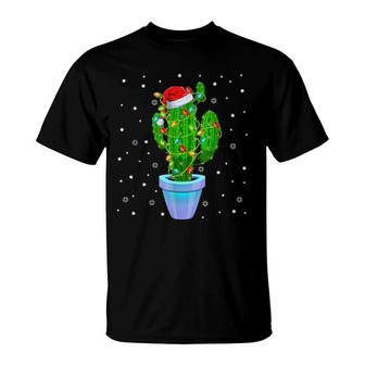 Santa Claus Cactus Xmas Tree Lights Gardener Merry Christmas T-Shirt | Mazezy
