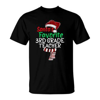 Santa's Favorite 3Rd Grade Teacher Xmas Santa Red Plaid T-Shirt | Mazezy