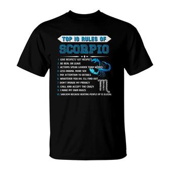 Scorpio Zodiac Top 10 Rules Of Scorpio Gift Funny T-Shirt | Mazezy