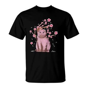 Scottish Fold Cat Japanese Sakura Cherry Blossom Flower T-Shirt | Mazezy
