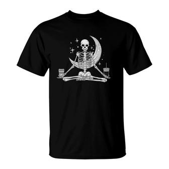 Skeleton Yoga Meditating And Drinking Coffee Funny T-Shirt | Mazezy
