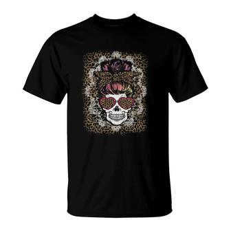 Skull Messy Bun Mom Life Leopard Print Heart Sunglasses T-Shirt | Mazezy