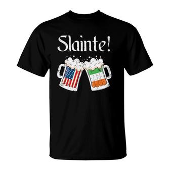 Slainte Irish American Flag Beer Retro St Patricks Day T-Shirt | Mazezy