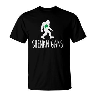 St Patrick's Day Bigfoot Shenanigans Sasquatch Gift T-Shirt | Mazezy