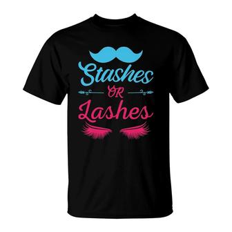 Stashes Or Lashes Gender Reveal T-Shirt | Mazezy