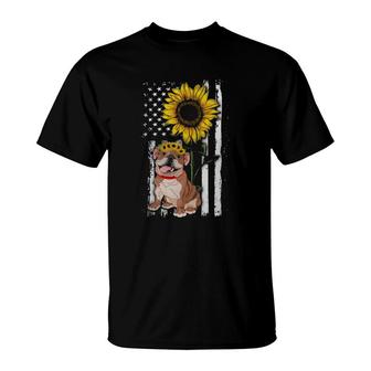 Sunflower American Flag Patriotic English Bulldog Dog Mom Dad Pet Lovers T-Shirt | Mazezy