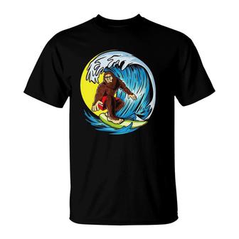 Surfing Bigfoot - Funny Hawaiian Sasquatch Surfer T-Shirt | Mazezy